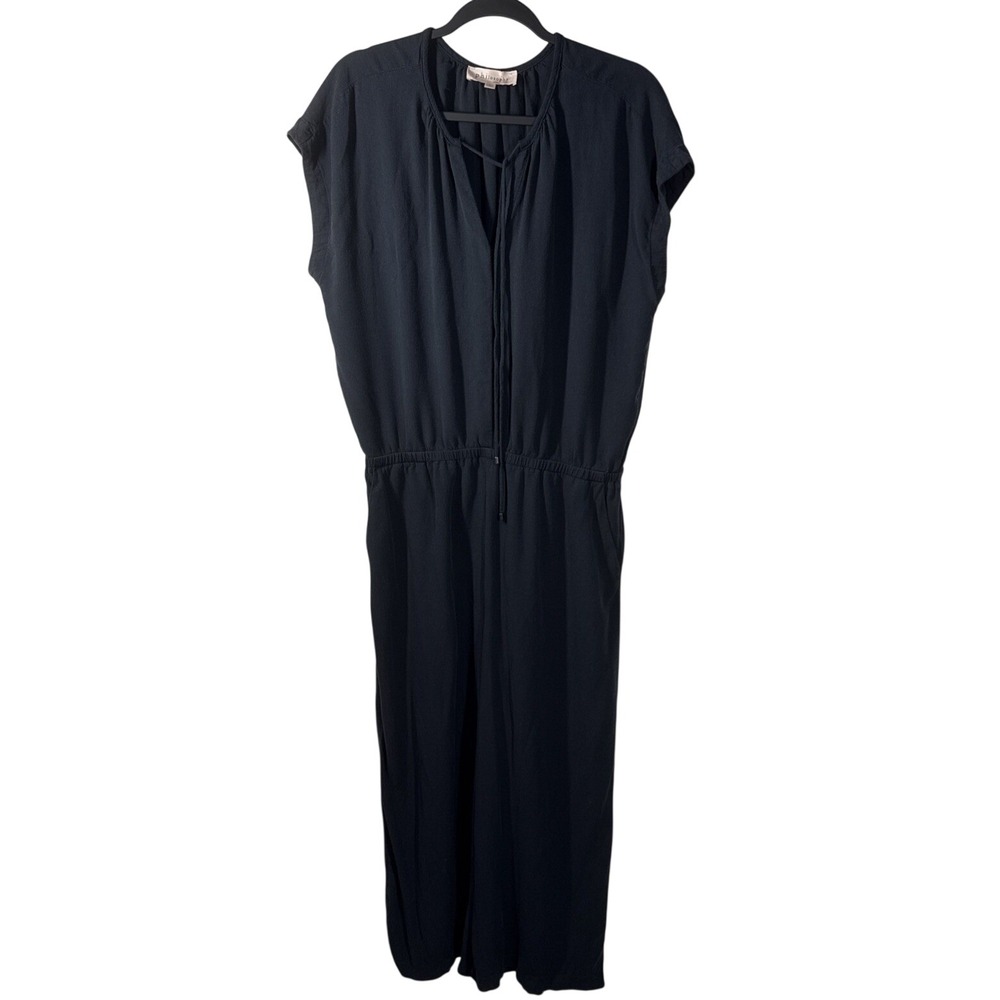 Philosophy‎ Jumpsuit L Wide Leg Black Neck Tie Button V-Neck Cap Sleeve Pockets